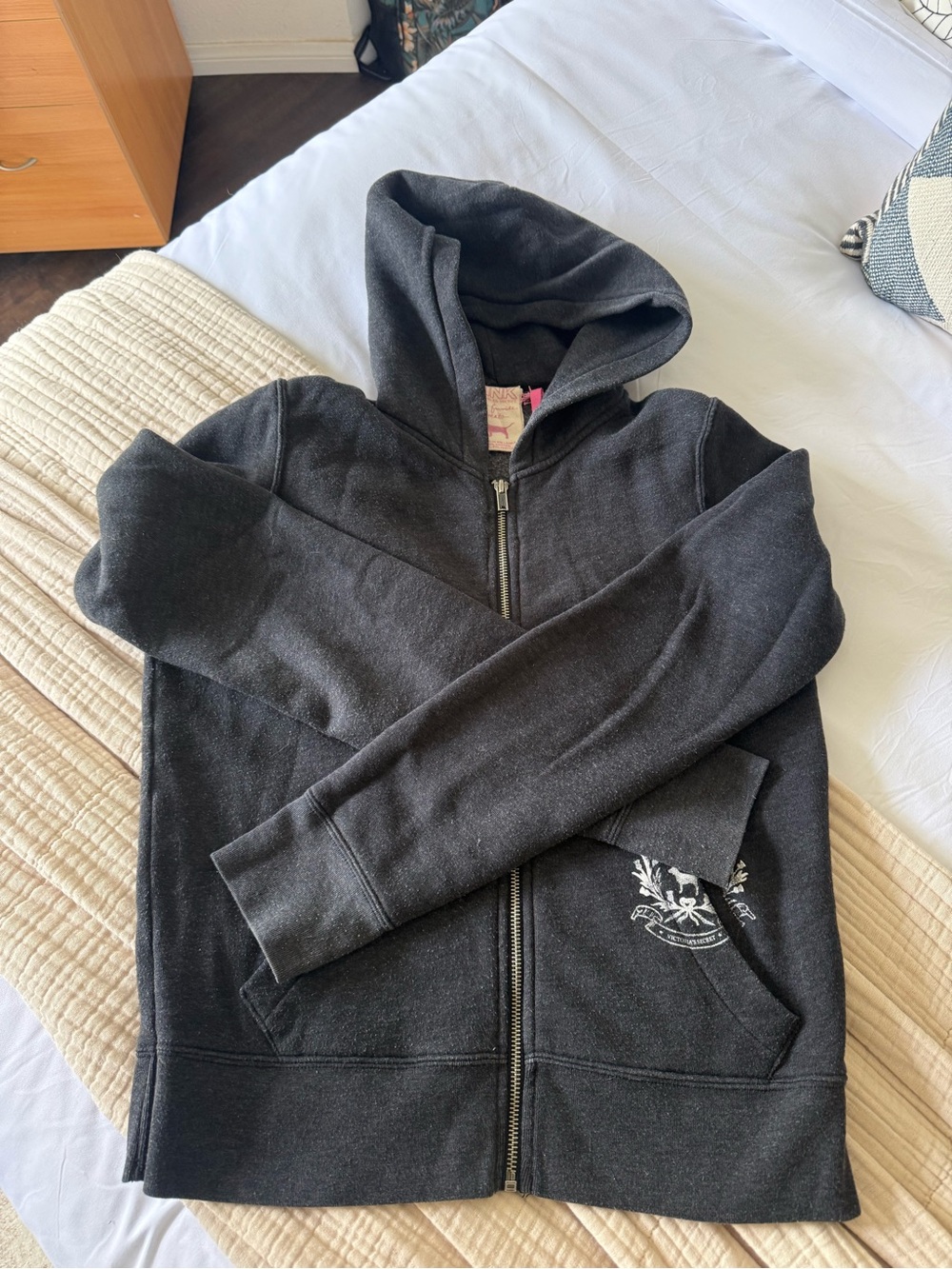 Victoria's Secret PINK University Charcoal Gray Embroider Zip-Up Hoodie - Medium